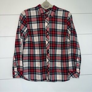 TALBOTS Petite Sp Plaid Button Up Shirt Red White Gold Metallic Thread Holiday